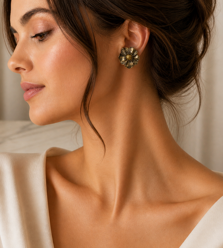 Simply Savvy “Golden Noir Bloom” Ann King Sterling Silver & 18K Gold Flower Earrings