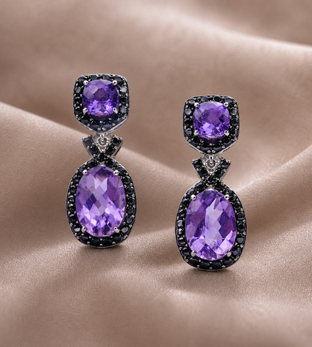 Simply Savvy “Midnight Amethyst Drops” – Sterling Silver Amethyst & Black Spinel Earrings (5.50 CTW)