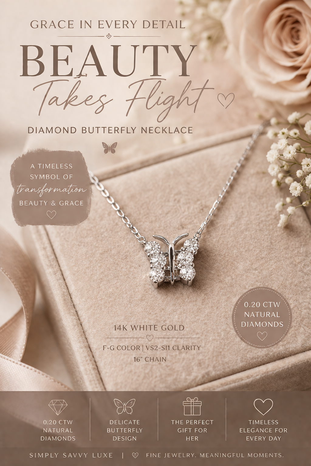0.20 CTW Natural Diamond Butterfly Necklace – 14K White Gold | Simply Savvy LUXE