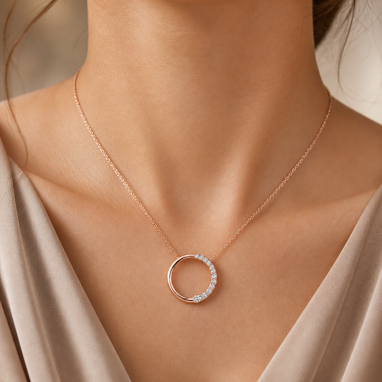 Simply Savvy “Endless Journey” 14K Rose Gold Diamond Circle Necklace