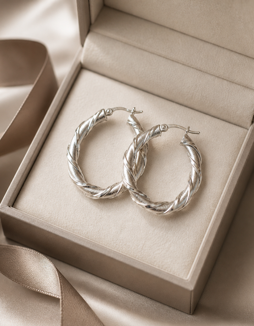 Load image into Gallery viewer, Simply Savvy “Twisted Radiance” Dobbs Sterling Silver Hoop Earrings
