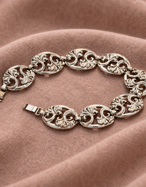 Load image into Gallery viewer, Sterling Silver Scroll Link Bracelet – Artisan Oval Panel Design
