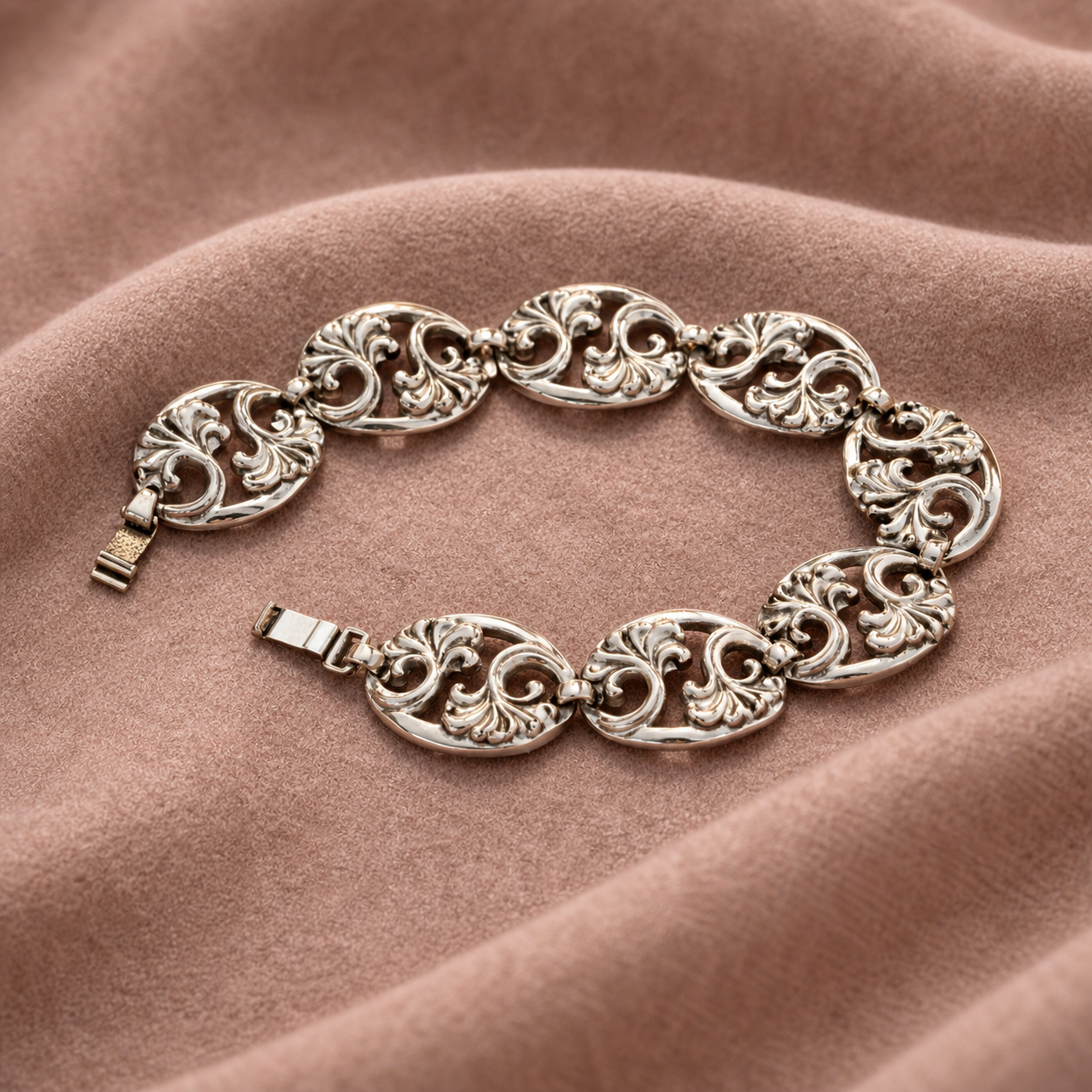 Sterling Silver Scroll Link Bracelet – Artisan Oval Panel Design