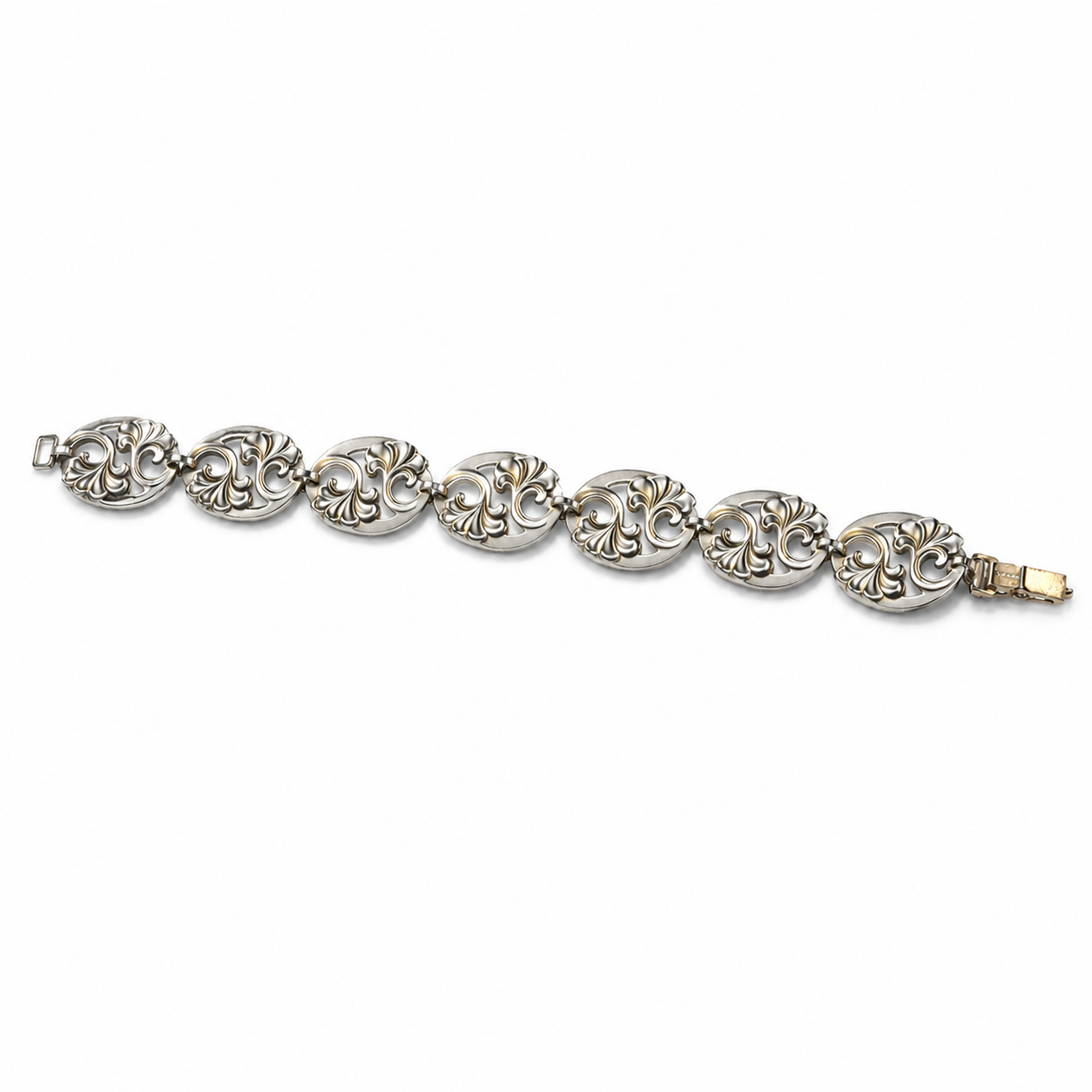 Sterling Silver Scroll Link Bracelet – Artisan Oval Panel Design