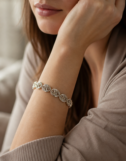 Load image into Gallery viewer, Sterling Silver Scroll Link Bracelet – Artisan Oval Panel Design
