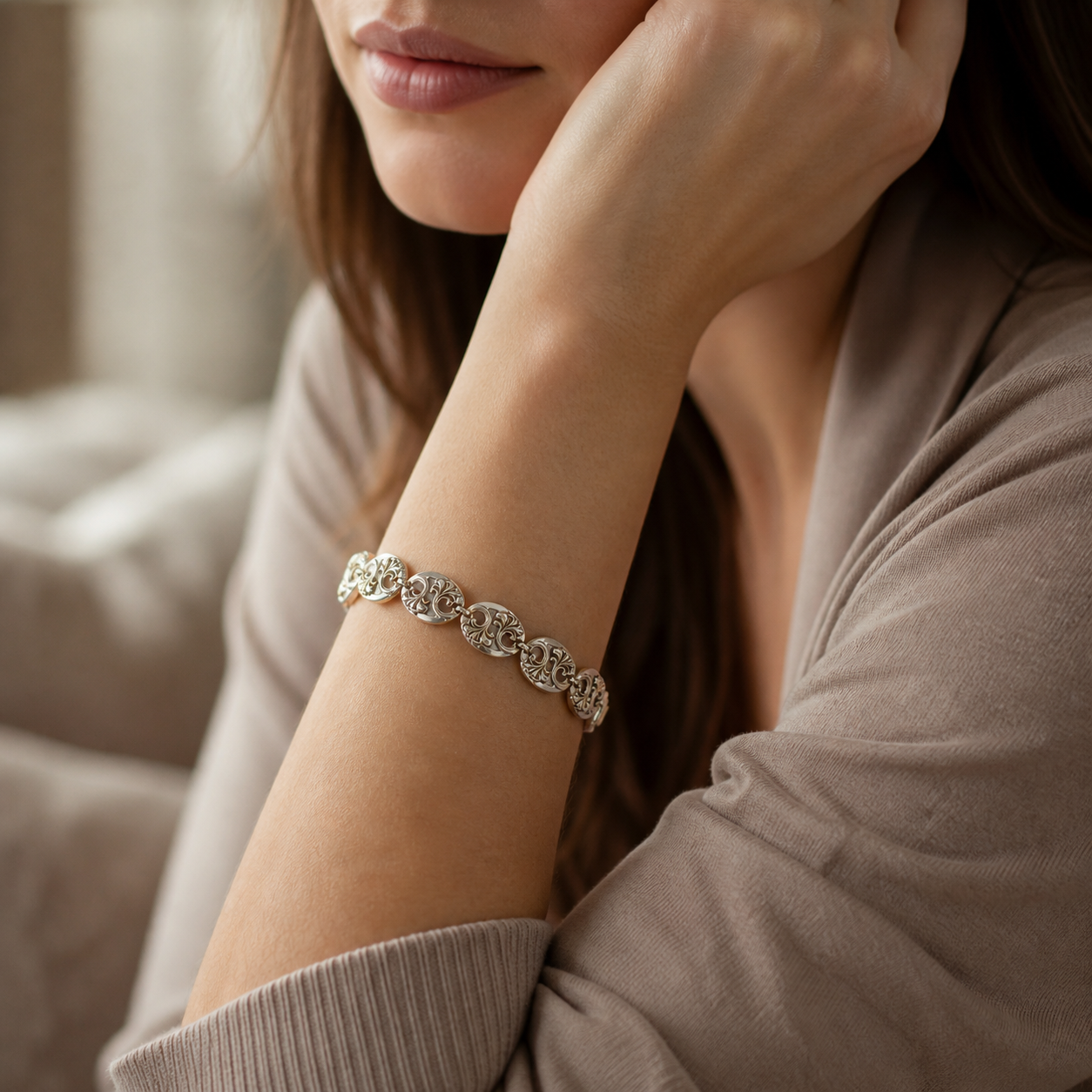 Sterling Silver Scroll Link Bracelet – Artisan Oval Panel Design