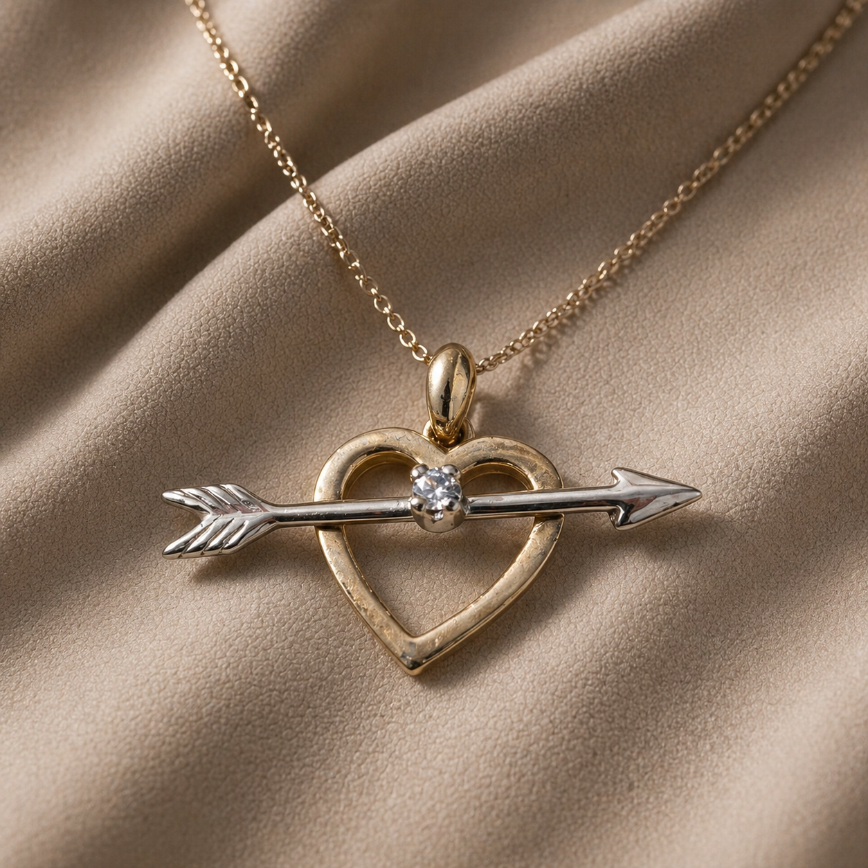 Simply Savvy “Cupid’s Arrow” 14K Gold Diamond Heart Pendant Necklace