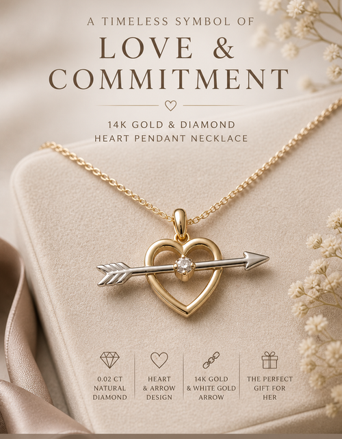 Load image into Gallery viewer, Simply Savvy “Cupid’s Arrow” 14K Gold Diamond Heart Pendant Necklace
