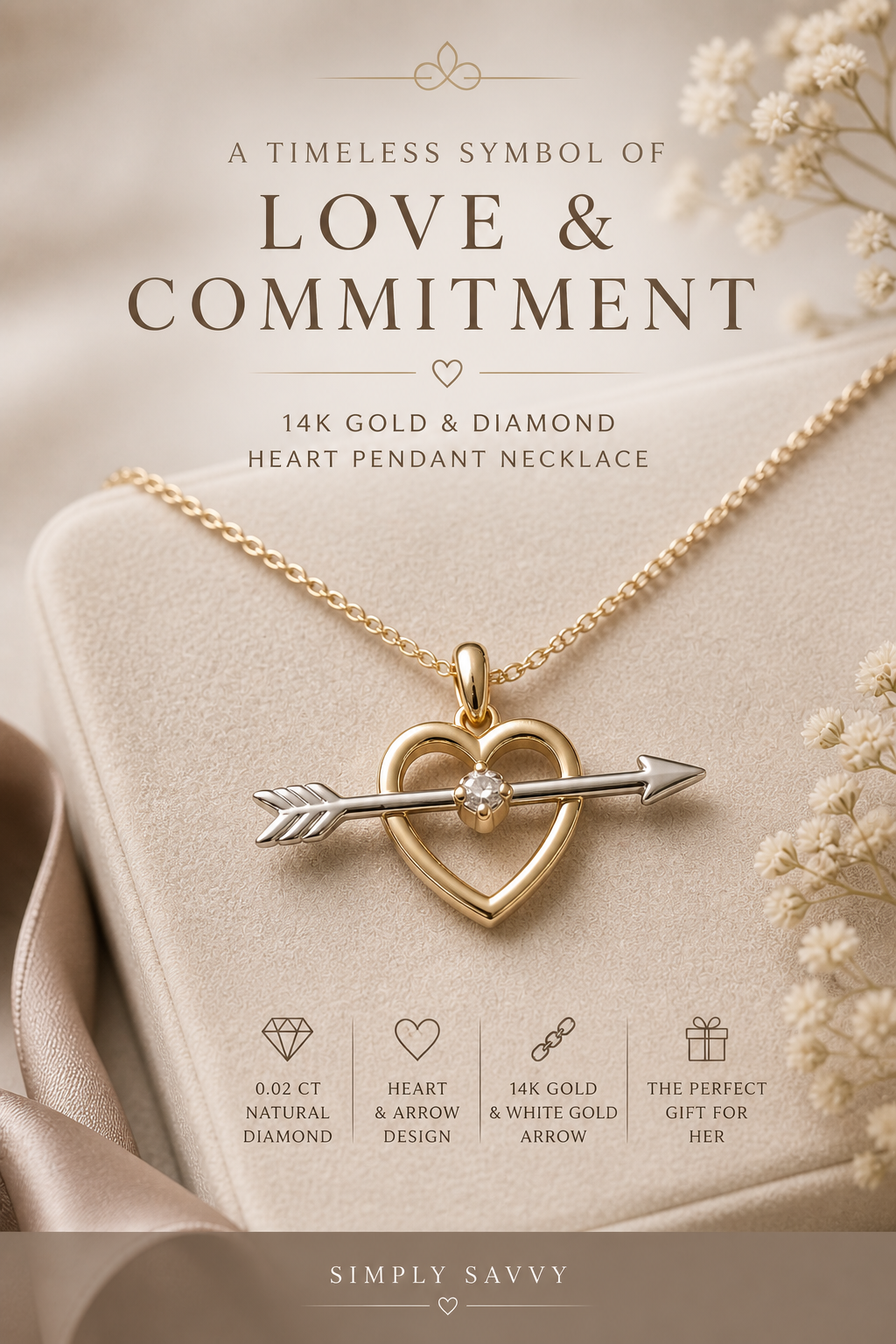 Simply Savvy “Cupid’s Arrow” 14K Gold Diamond Heart Pendant Necklace