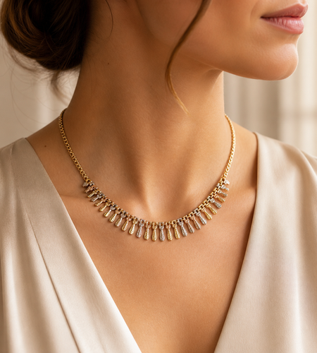 Simply Savvy “Golden Cascade” Tri-Color 10K Gold Fringe Necklace – 17” | 10g