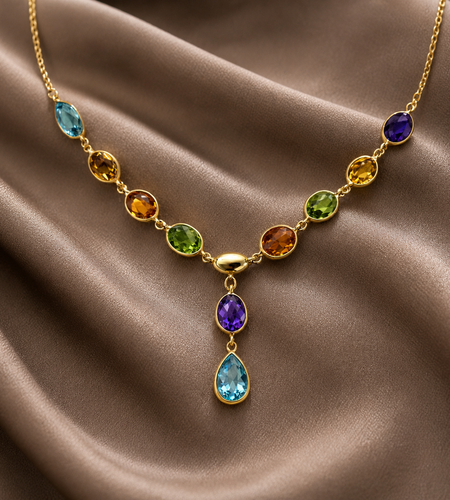 Simply Savvy “Aurora Cascade” 14K Gold Multi-Gemstone Necklace – Amethyst, Citrine, Peridot & Blue Topaz Drop Pendant 17”