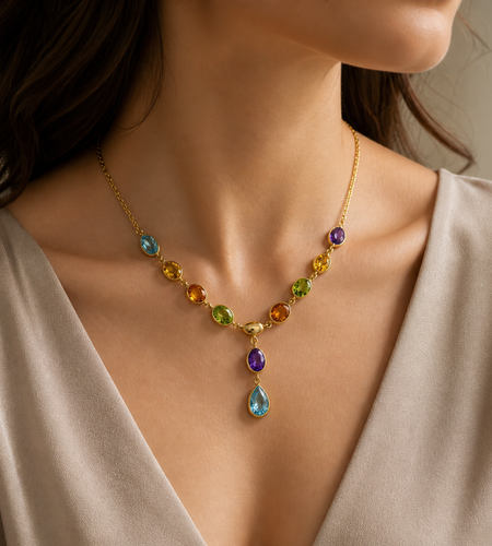 Simply Savvy “Aurora Cascade” 14K Gold Multi-Gemstone Necklace – Amethyst, Citrine, Peridot & Blue Topaz Drop Pendant 17”
