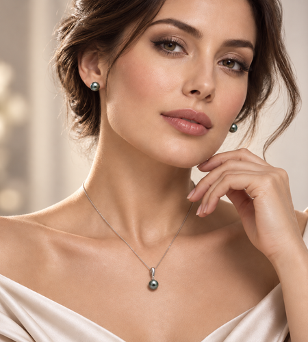 14K White Gold Peacock Tahitian Pearl Necklace & Stud Earring Set | 10–11mm | French Polynesia