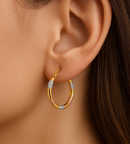 Tri-Color Hoop Earrings with Diamond Cut Accents in 14k Gold(2x15mm)