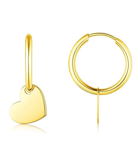14K Yellow Gold Hoop Polished Earrings with Hearts