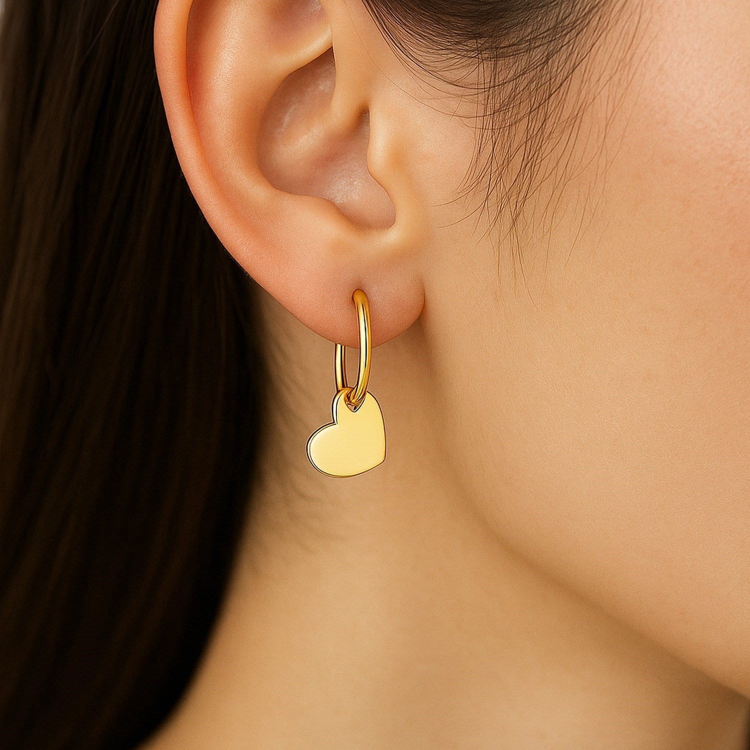 14K Yellow Gold Hoop Polished Earrings with Hearts