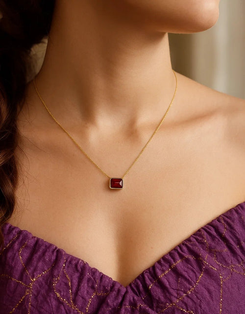 Load image into Gallery viewer, 14K Yellow Gold Emerald Cut Garnet Necklace 18 in Minimalist Gemstone Necklace
