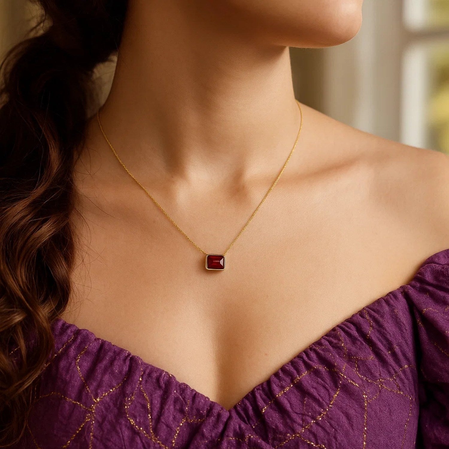 14K Yellow Gold Emerald Cut Garnet Necklace 18 in Minimalist Gemstone Necklace