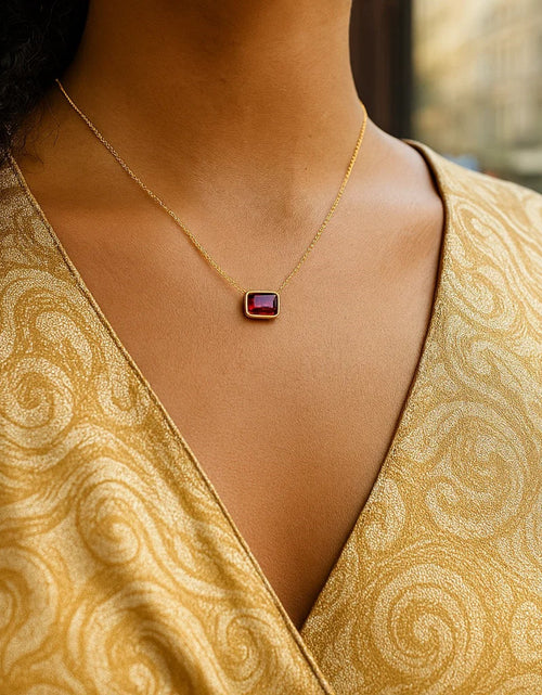 Load image into Gallery viewer, 14K Yellow Gold Emerald Cut Garnet Necklace 18 in Minimalist Gemstone Necklace
