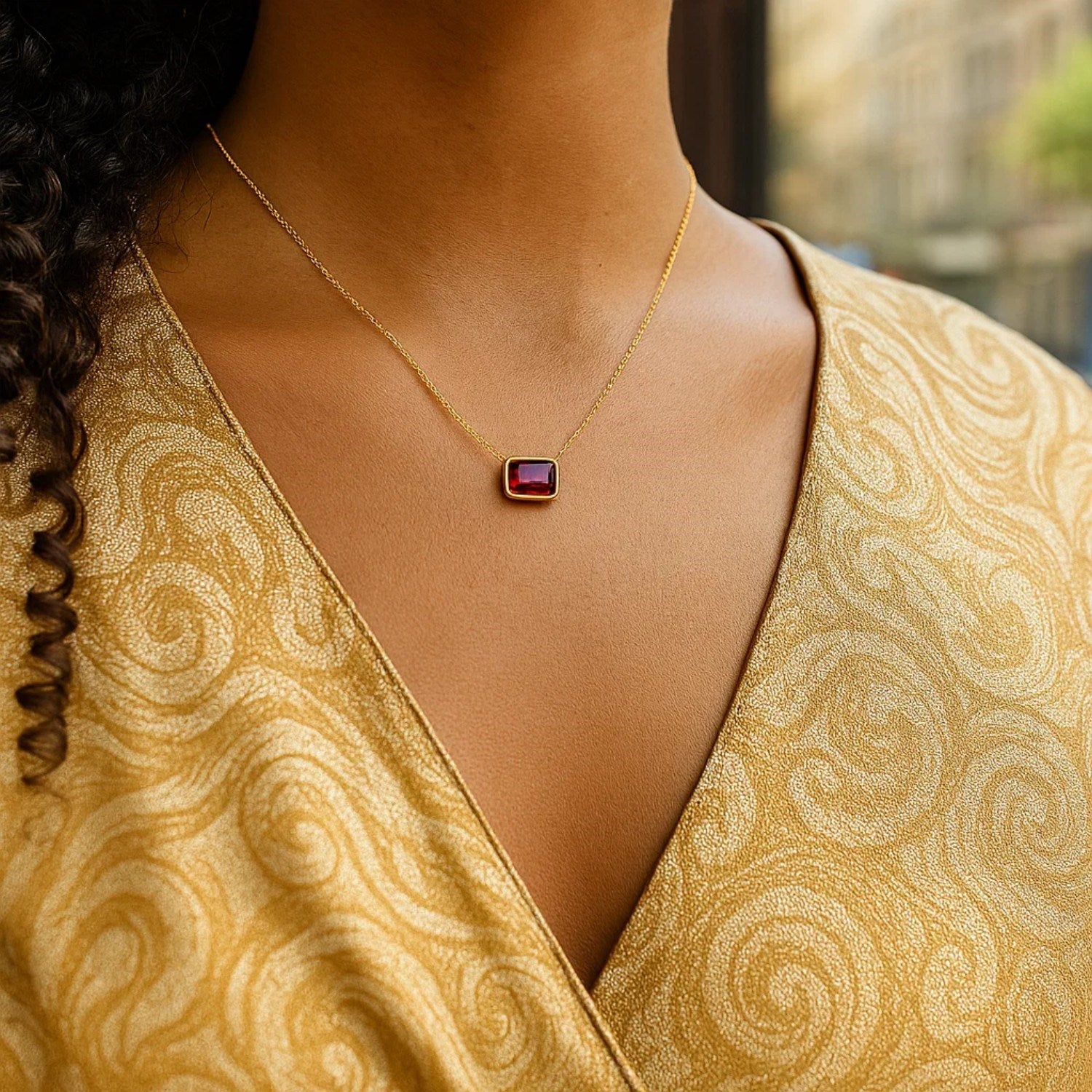 14K Yellow Gold Emerald Cut Garnet Necklace 18 in Minimalist Gemstone Necklace