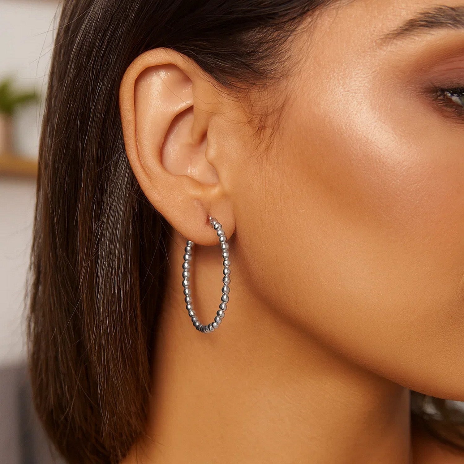 Sterling Silver Beaded Hoop Earrings