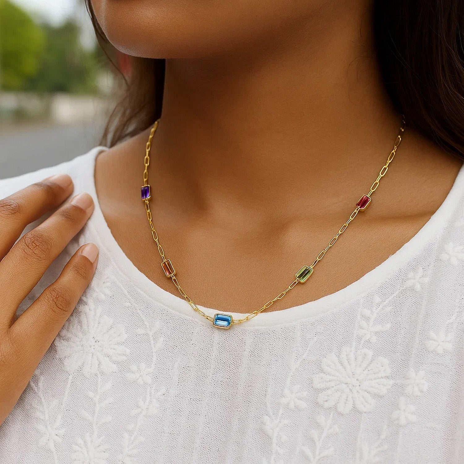 14K Yellow Gold Multi-Gemstone Baguette Paperclip Necklace 17 Inch