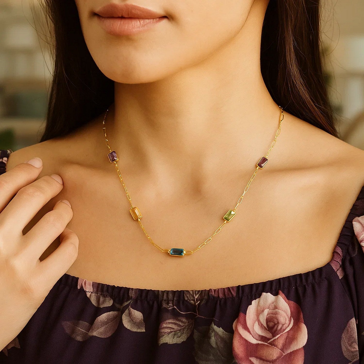 14K Yellow Gold Multi-Gemstone Baguette Paperclip Necklace 17 Inch