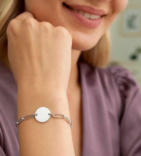 Sterling Silver Engravable Disc Paperclip Bracelet