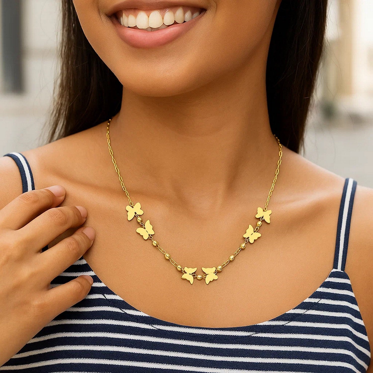 14K Yellow Gold Polished Butterfly and Bead Necklace 18 in