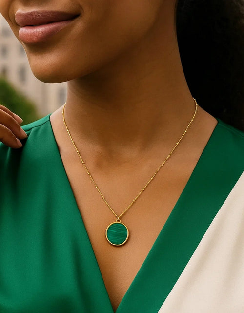 Load image into Gallery viewer, 14K Yellow Gold Malachite Inlay Circle Necklace – Adjustable 16 to 18 Inch
