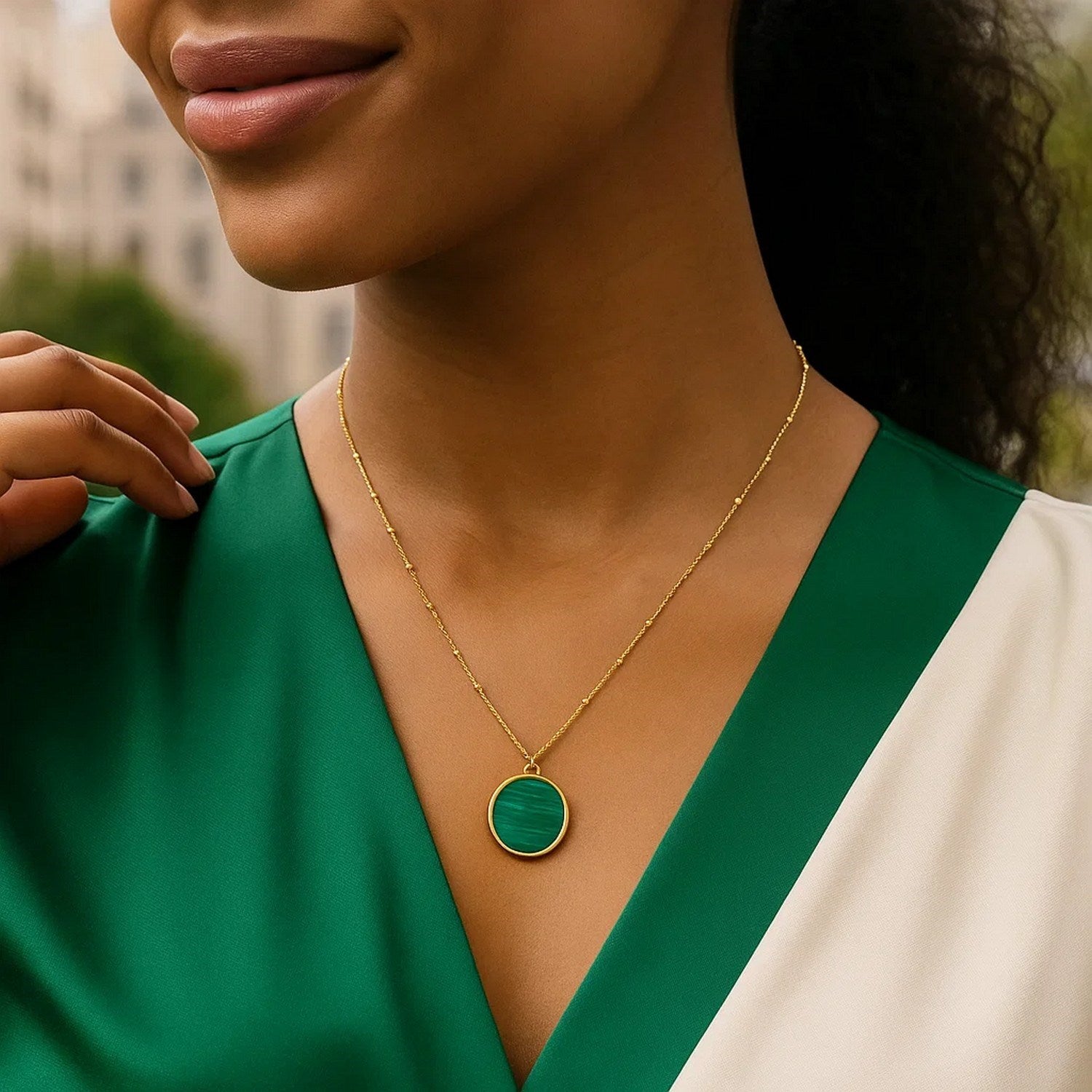 14K Yellow Gold Malachite Inlay Circle Necklace – Adjustable 16 to 18 Inch