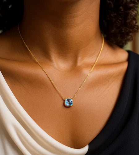 14K Yellow Gold Cushion Blue Topaz Necklace