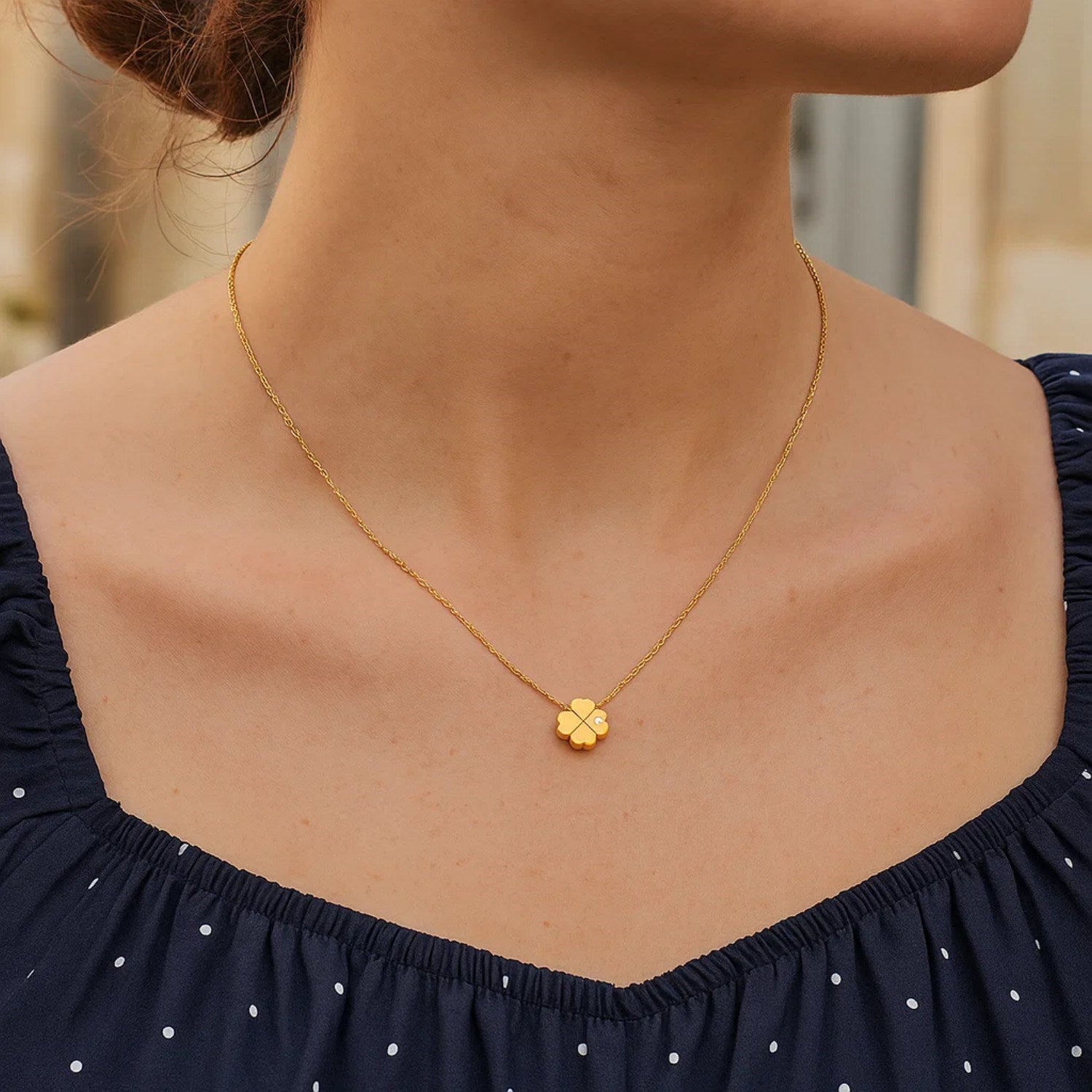 14K Yellow Gold Diamond Four-Leaf Clover Necklace 18 Inch