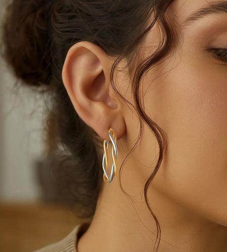 10K Two Tone Gold Oval Twist Hoop Earrings