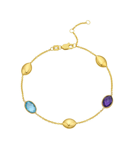 14K Yellow Gold Amethyst & Blue Topaz Oval Gemstone Bead Bracelet, 7.5" Adjustable