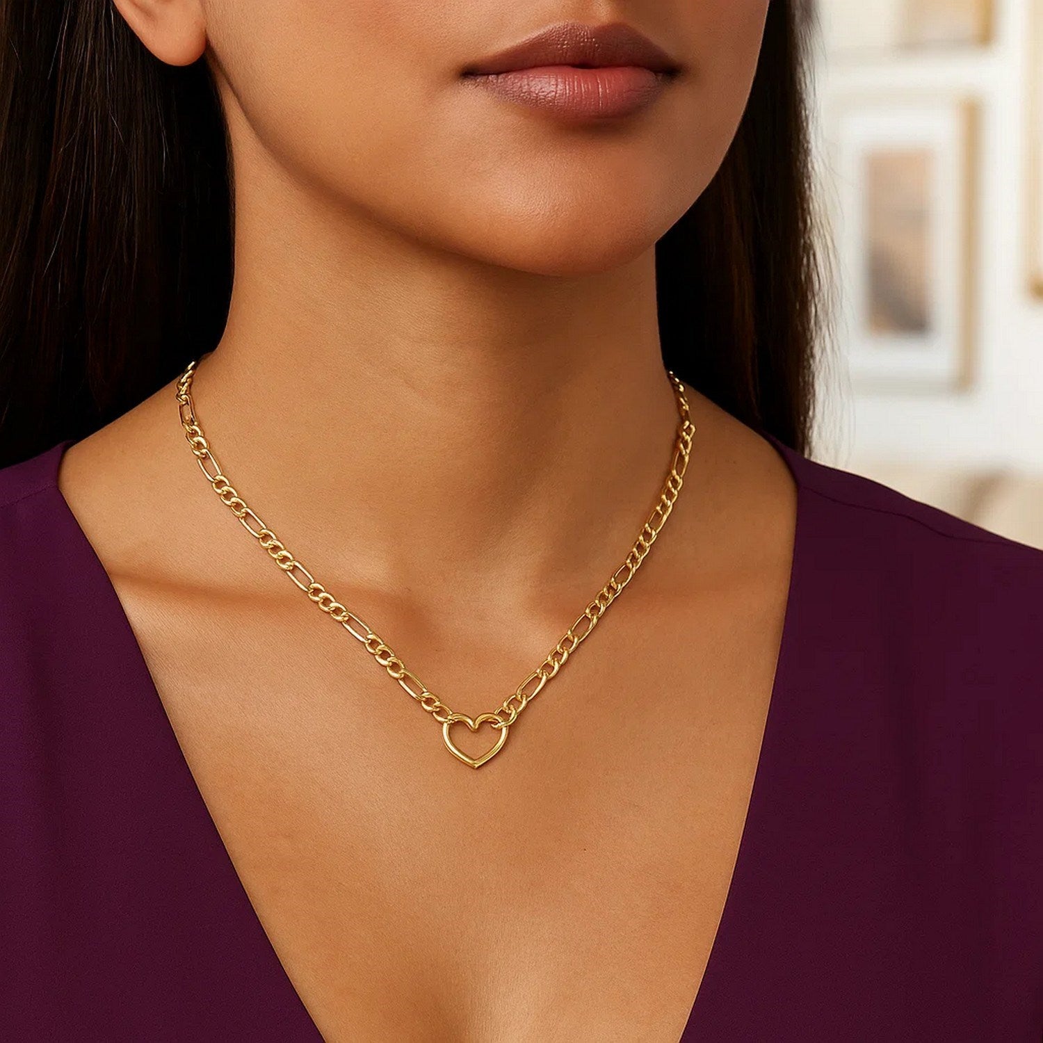 14K Yellow Gold Figaro Chain Open Heart Necklace 18 Inch