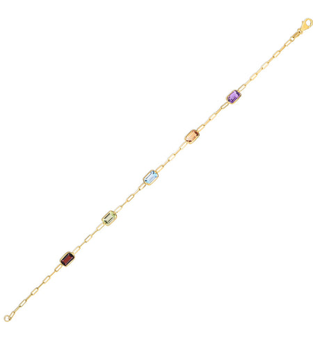 14K Yellow Gold Multi Gemstone Paperclip Bracelet, 7"