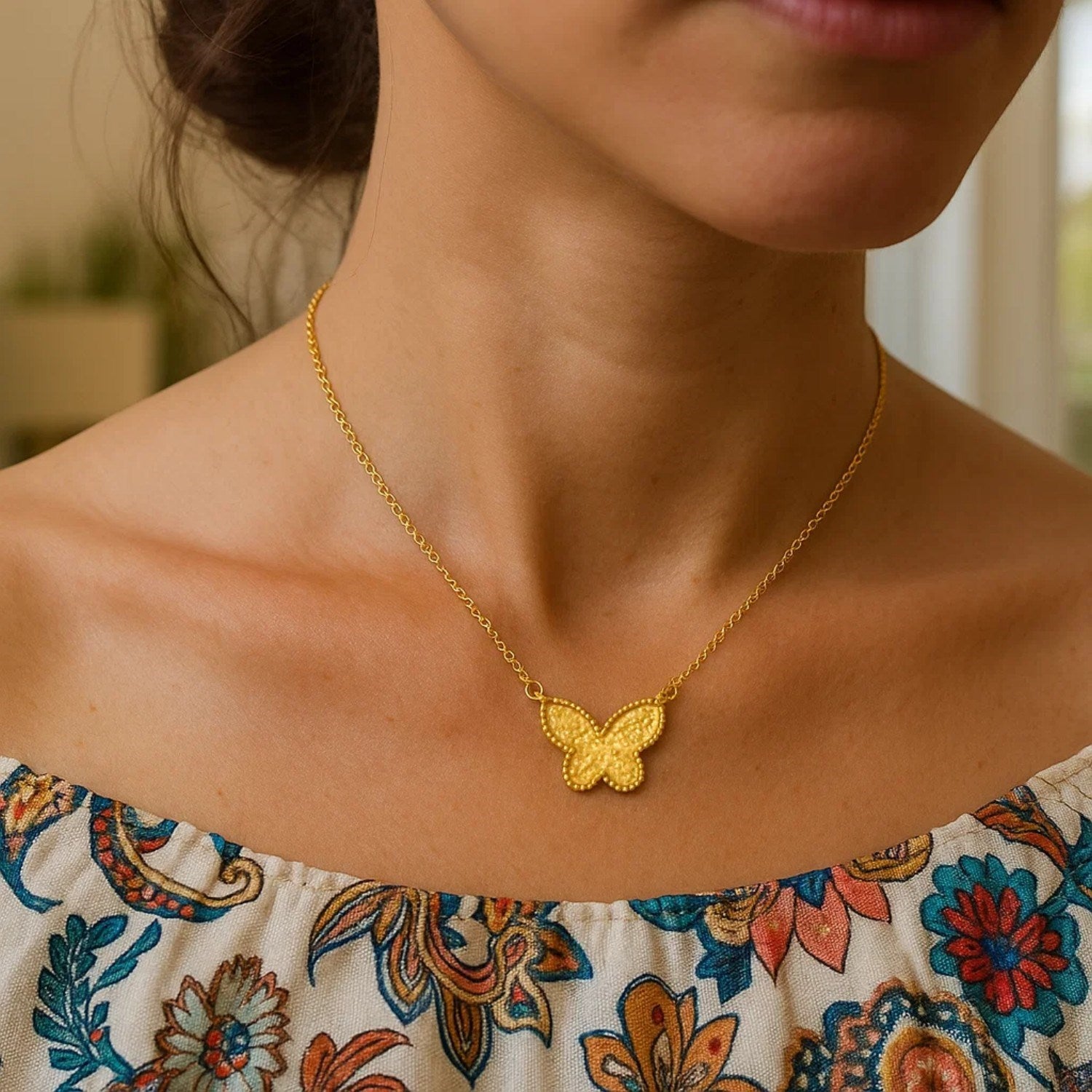 14K Yellow Gold Turquoise Butterfly Necklace 18 in Reversible Pendant