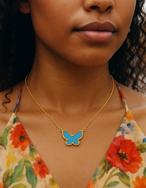 Load image into Gallery viewer, 14K Yellow Gold Turquoise Butterfly Necklace 18 in Reversible Pendant
