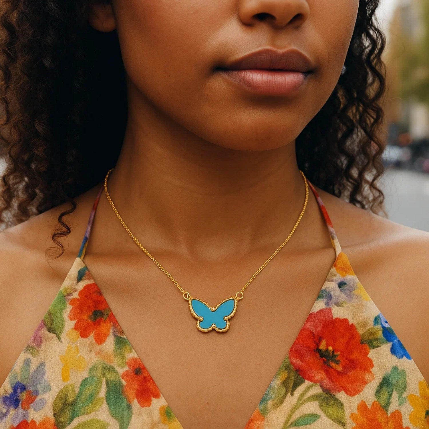 14K Yellow Gold Turquoise Butterfly Necklace 18 in Reversible Pendant