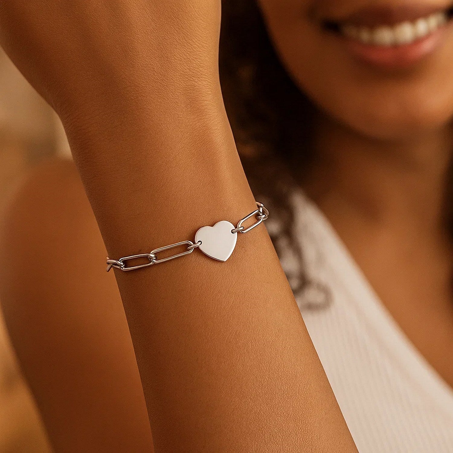 Sterling Silver Rhodium-Plated Engravable Heart Paperclip Bracelet