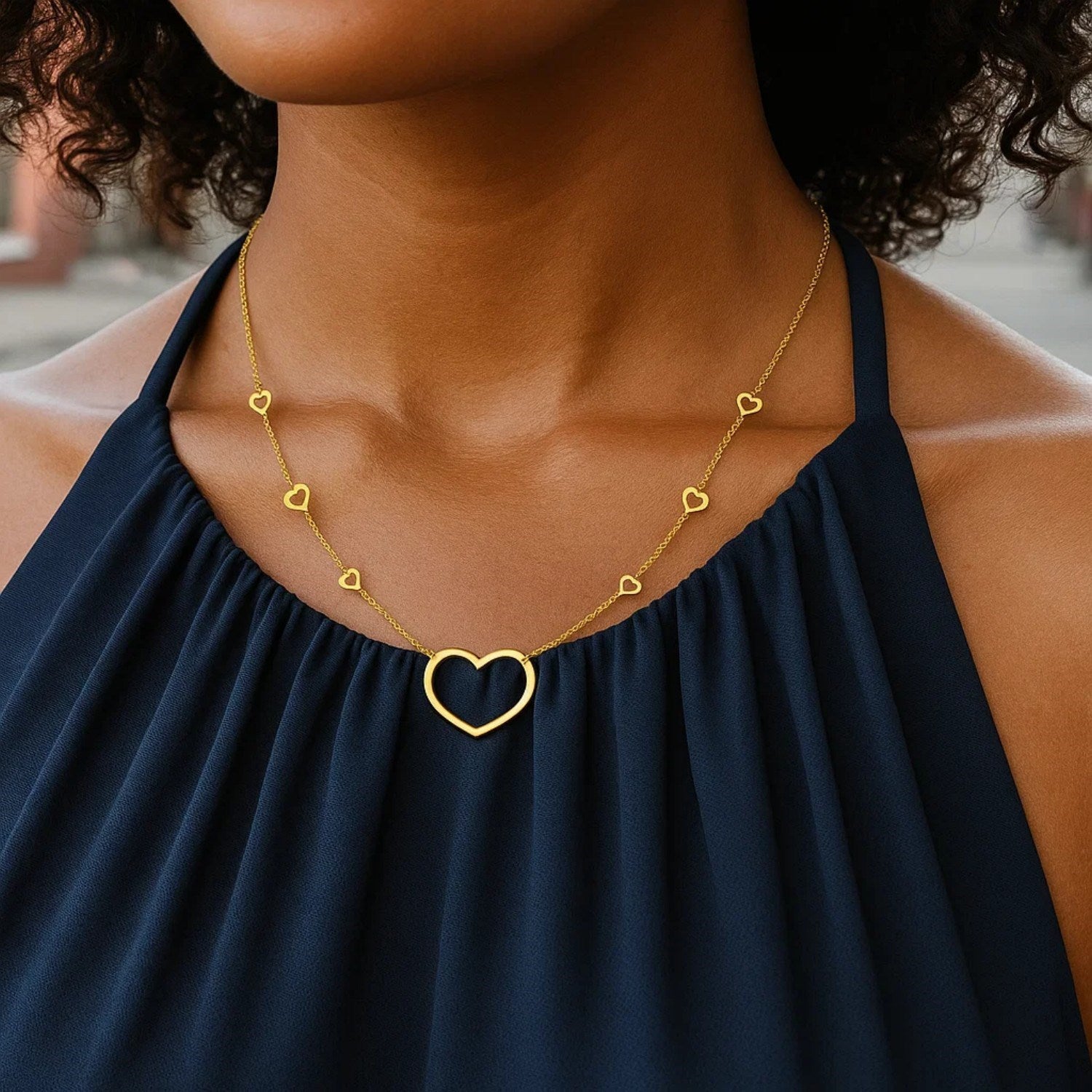 14K Yellow Gold Open Heart Station Necklace 18 in Adjustable Heart Necklace