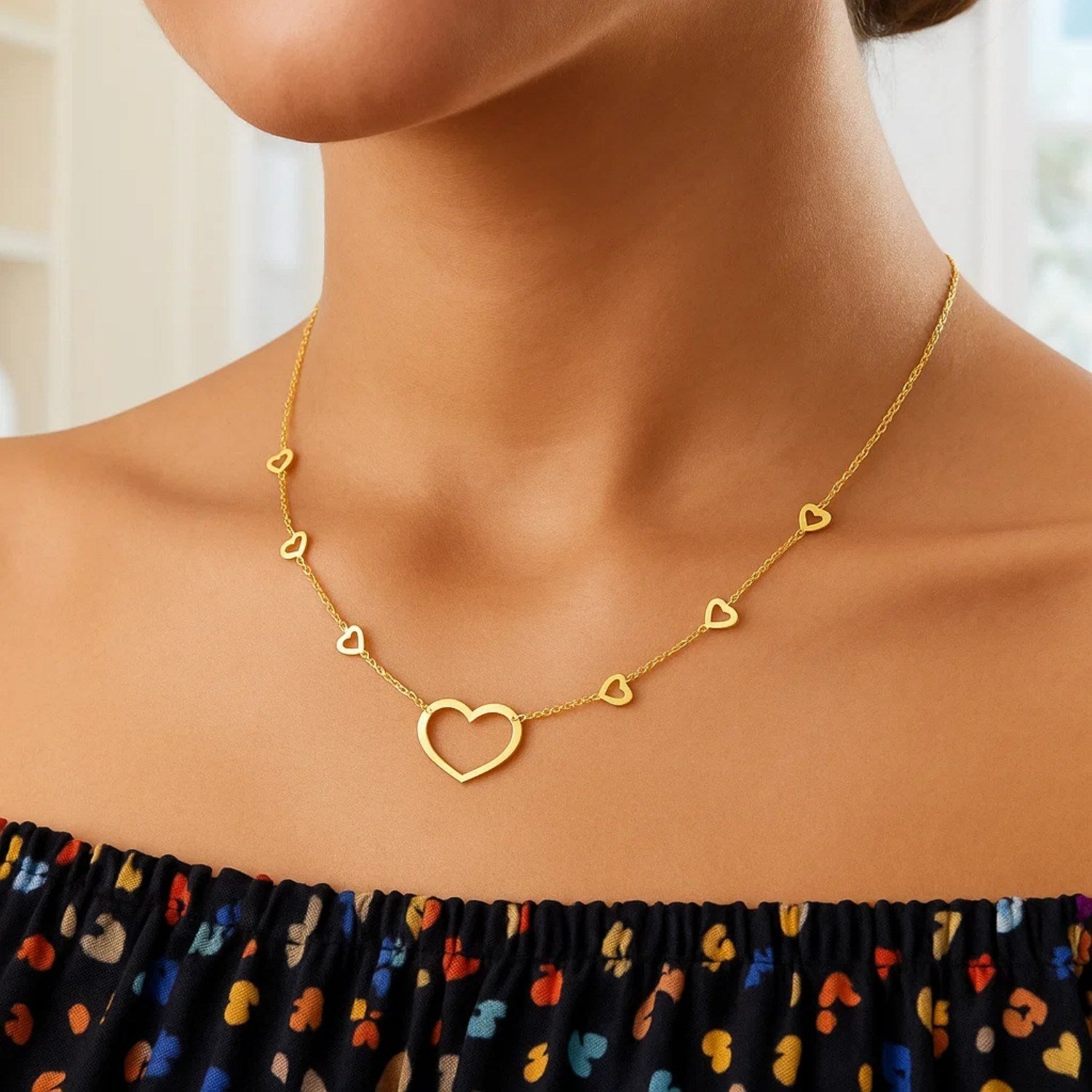 14K Yellow Gold Open Heart Station Necklace 18 in Adjustable Heart Necklace