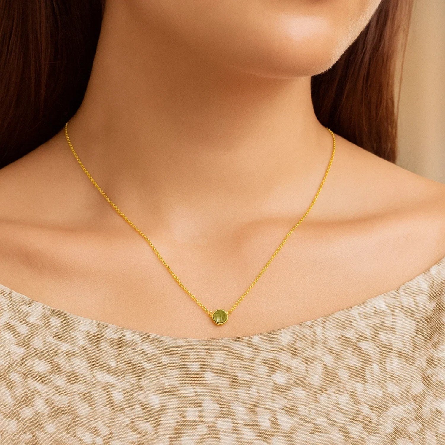 14K Yellow Gold Round Peridot Necklace – 17 Inches