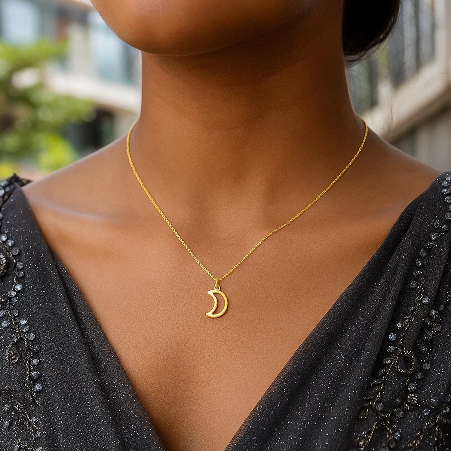 14K Yellow Gold Crescent Moon Necklace – 18 Inch