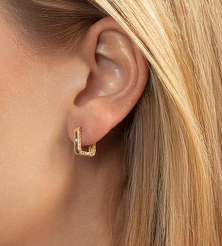 14K Yellow Gold Diamond Square Huggie Earrings