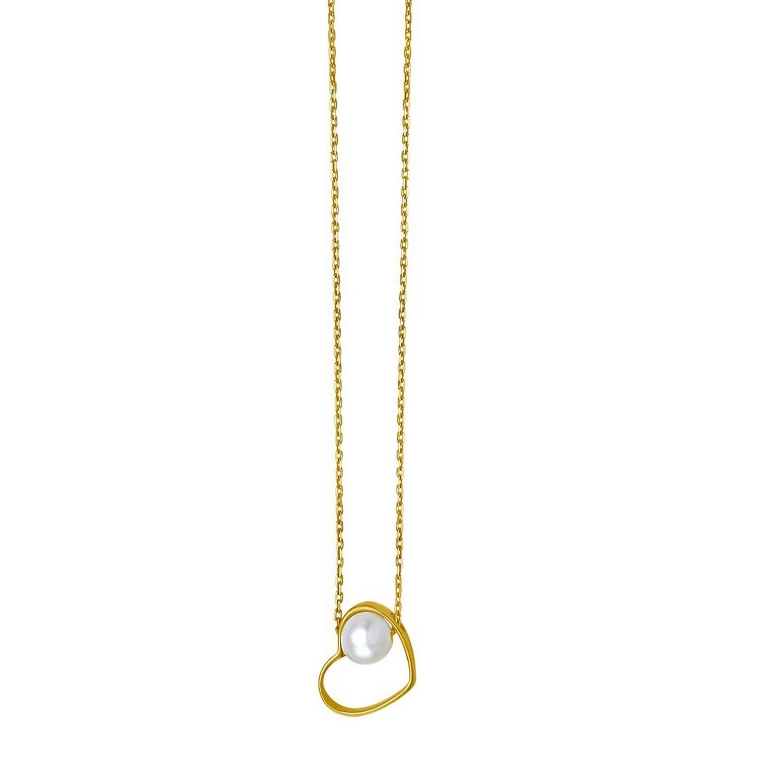 14K Yellow Gold Open Heart Freshwater Pearl Necklace – Adjustable 16 to 18 Inch
