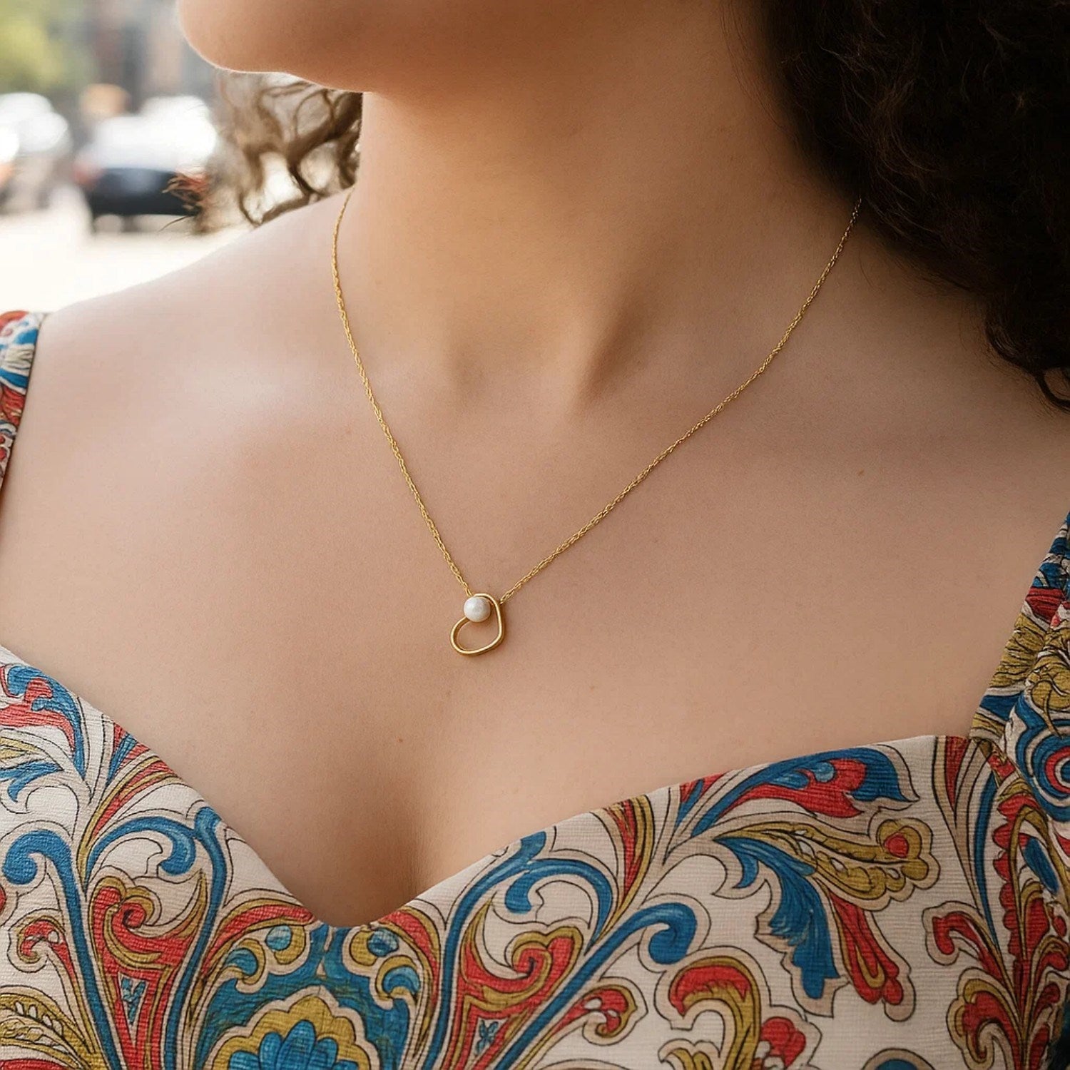14K Yellow Gold Open Heart Freshwater Pearl Necklace – Adjustable 16 to 18 Inch