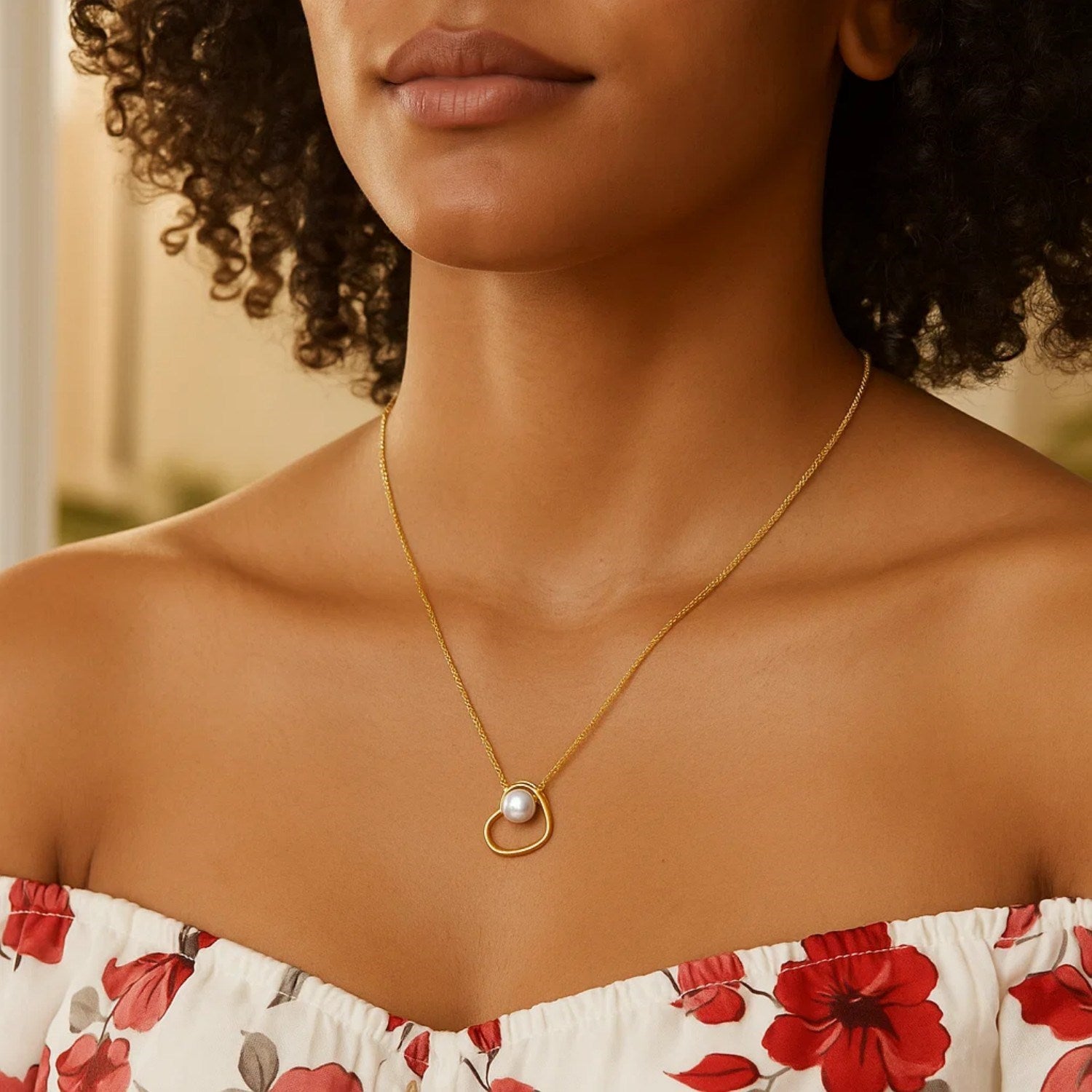 14K Yellow Gold Open Heart Freshwater Pearl Necklace – Adjustable 16 to 18 Inch
