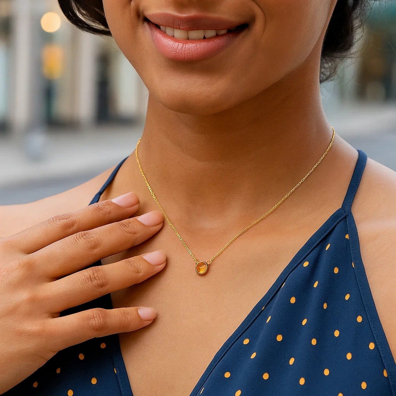 14K Yellow Gold Round Citrine Bezel Necklace 17 Inch